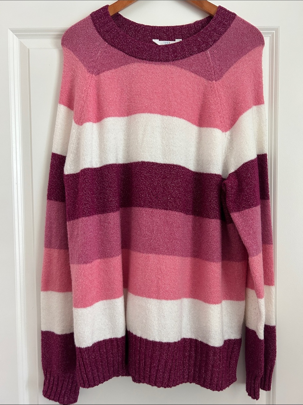 Time and Tru Pink and Plum Striped Crew Neck Sweater